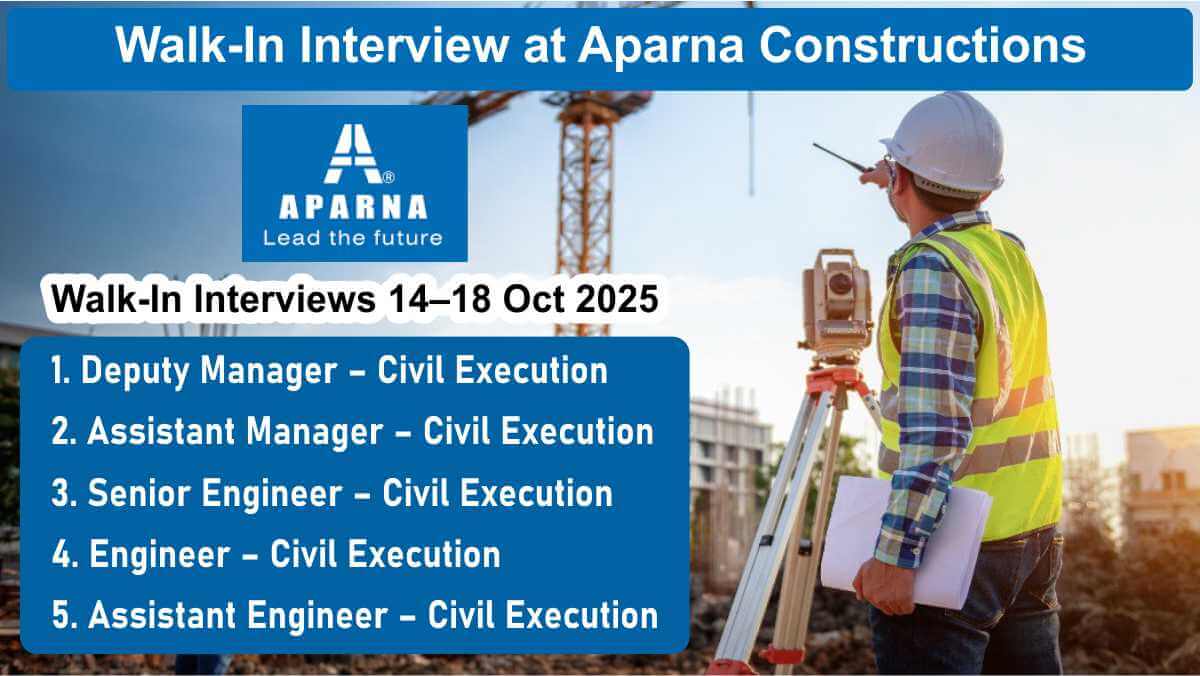 Walk-In Interview at Aparna Constructions | Walk-In Interviews 14–18 Oct 2025 | Highrise Residential Project Jobs