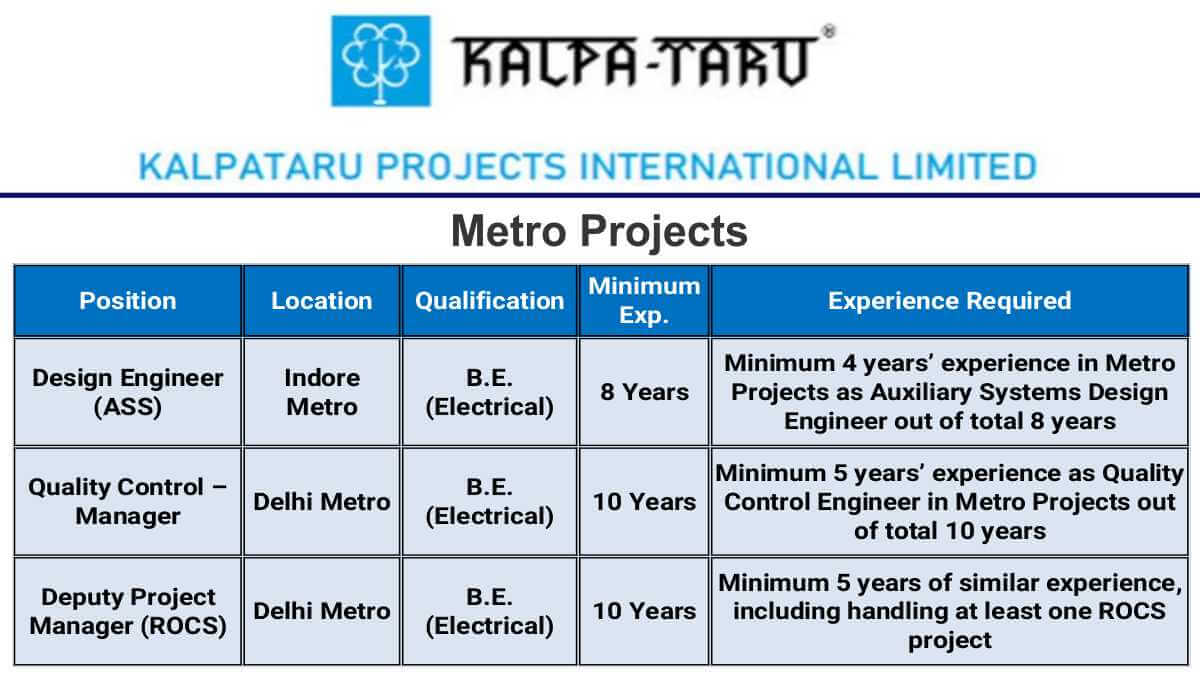 Kalpataru Projects International Ltd Jobs | Wanted for Indore & Delhi Metro | Electrical Engineering Jobs