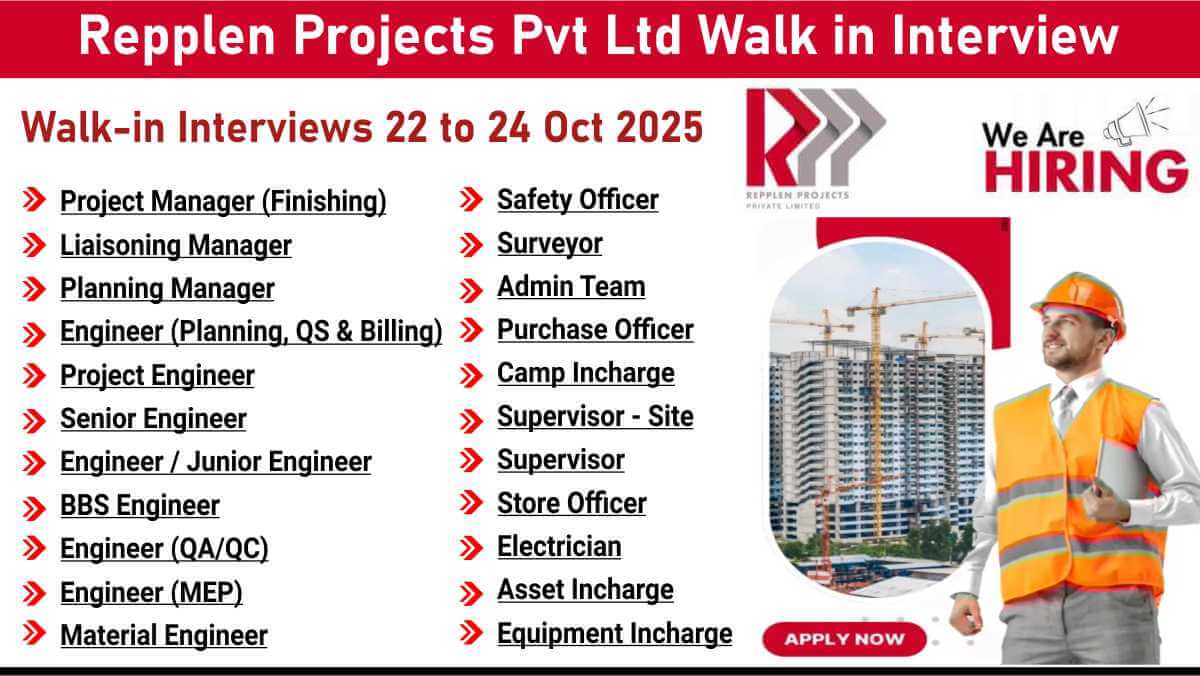 Repplen Projects Pvt Ltd Walk in Interview | Road & Building Project Vacancies | Walk In 22 to 24 Oct 2025