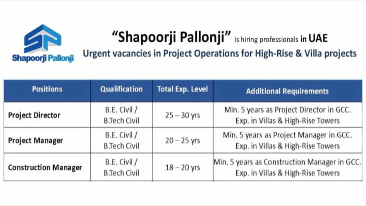 Shapoorji Pallonji UAE Recruitment | High-Rise & Villa Project Jobs | Senior Project & Construction Roles