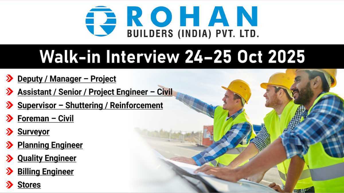 Rohan Builders Recruitment 2025 | Civil, Planning, Billing & Quality Engineer Jobs | Walk-in Interview 24–25 Oct 2025
