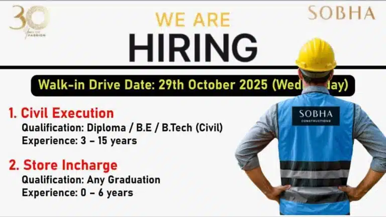 Sobha Construction Walk-In Interview 2025 | Date: 29th October 2025 (Wednesday)