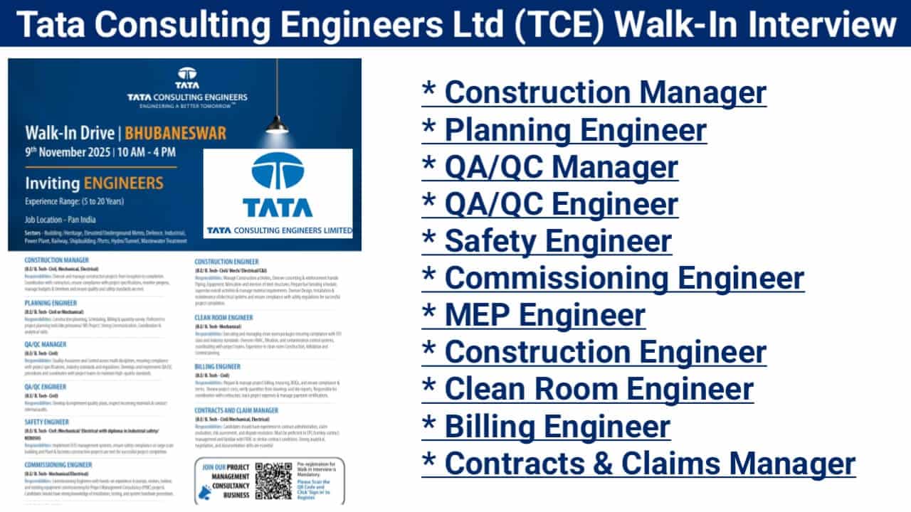 Tata Consulting Engineers Ltd (TCE) Walk-In Interview November 2025 | Date: 9th November 2025