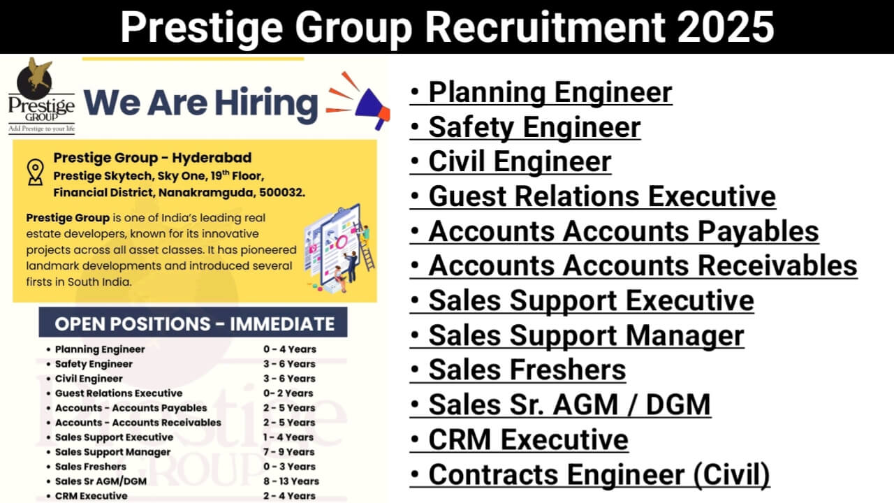 Prestige Group Recruitment 2025 | Construction Jobs In Hyderabad