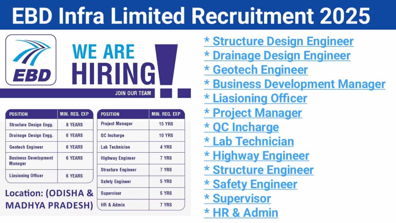 EBD Infra Limited Recruitment 2025 | Job Location: Odisha and Madhya Pradesh