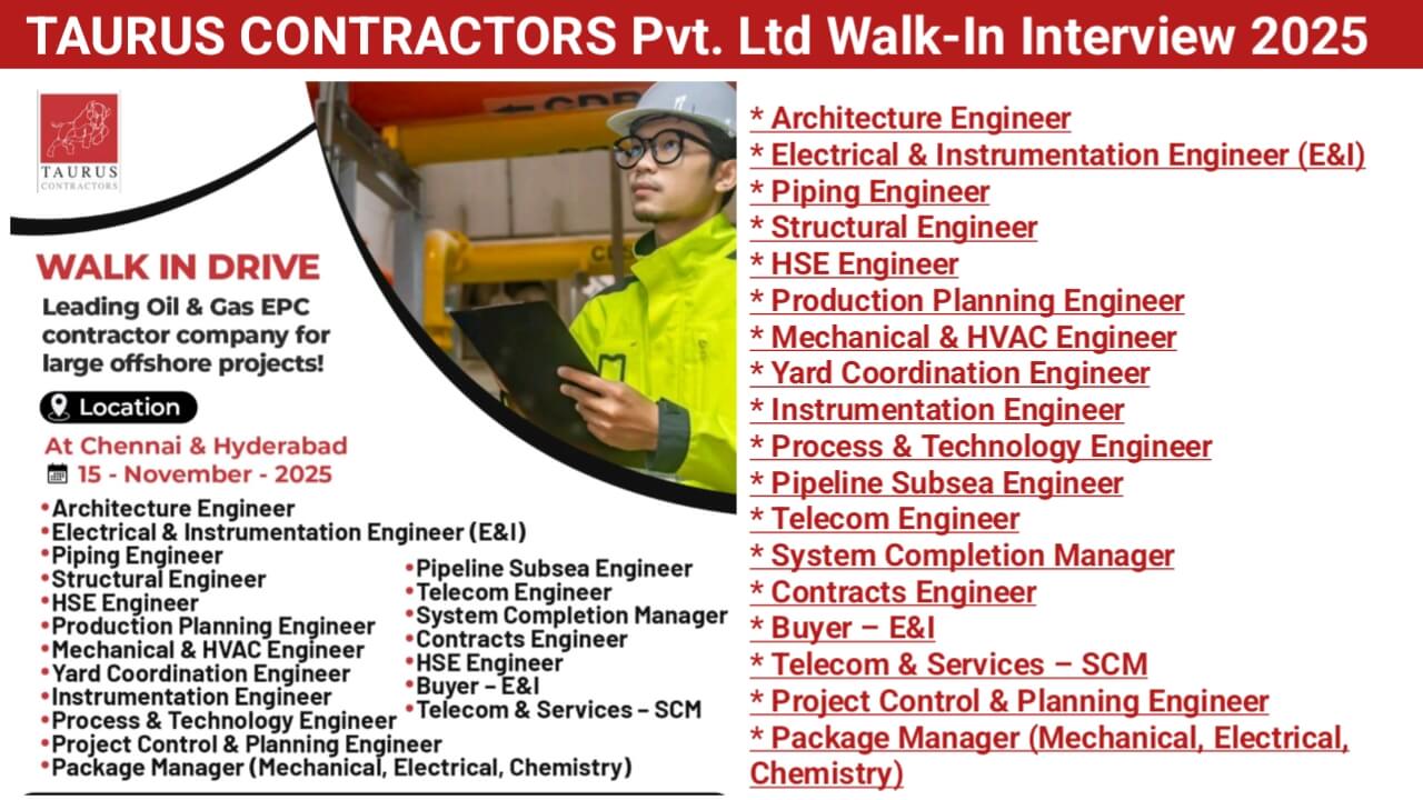 TAURUS CONTRACTORS Pvt. Ltd Walk-In Interview 2025 | Date: 15th November 2025