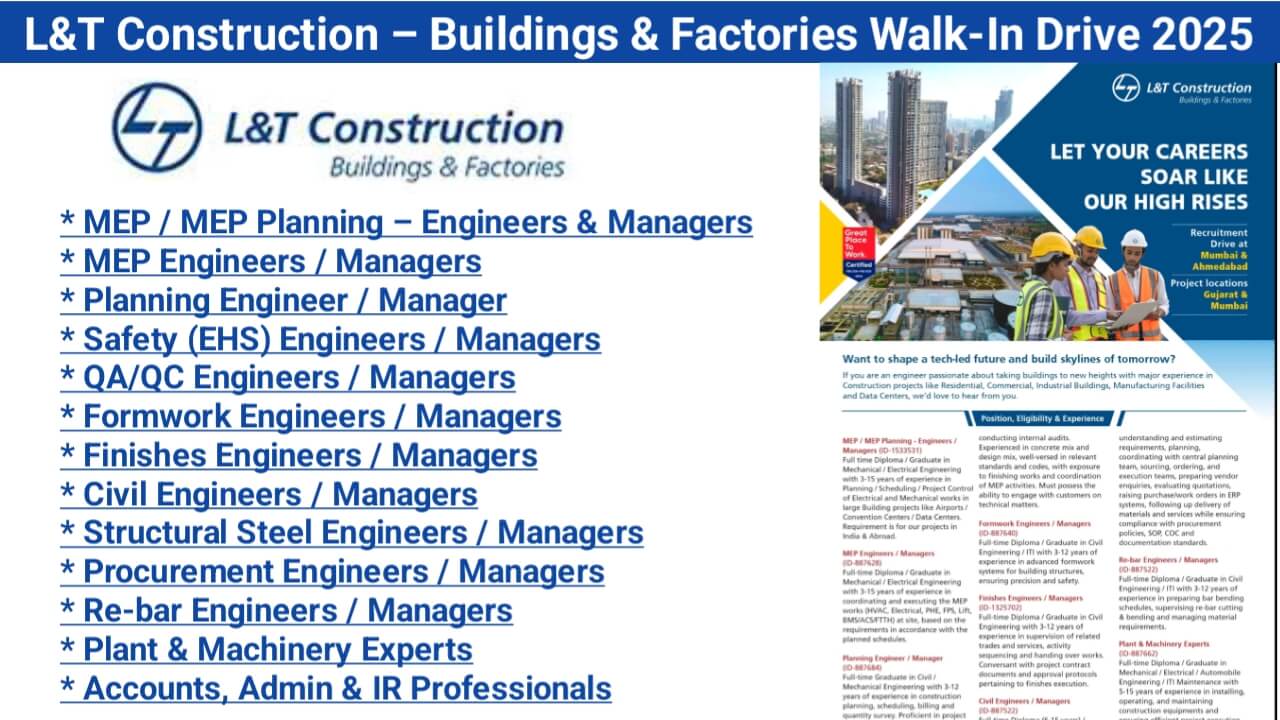 L&T Construction – Buildings & Factories Walk-In Drive 2025 | Recruitment Drive – Mumbai & Ahmedabad
