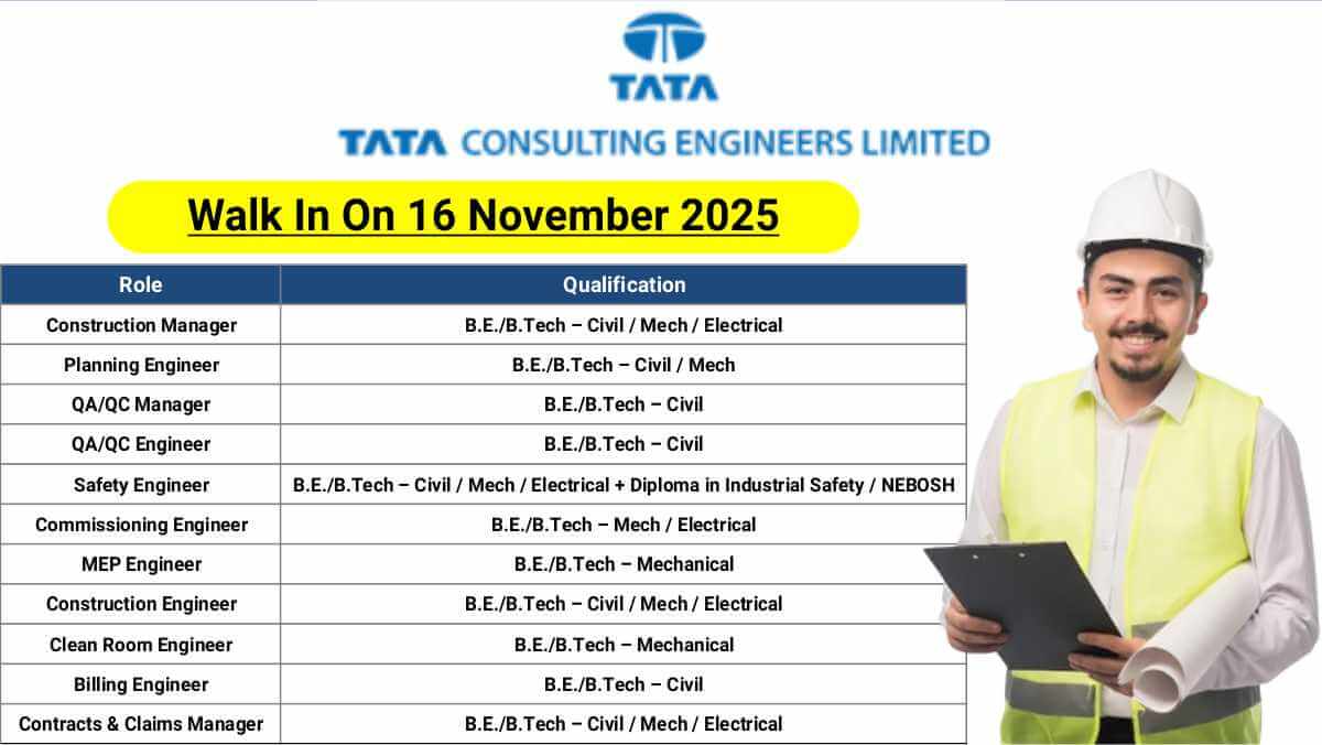 Tata Consulting Engineers Limited Jobs 2025 | Construction Manager, QA/QC, Planning & MEP Jobs | Walk In On 16 November 2025