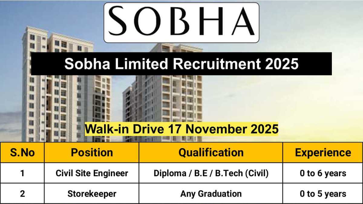 Sobha Limited Recruitment 2025: Civil Engineer & Storekeeper Jobs | Walk-In on 17 Nov | Highrise Experience Preferred