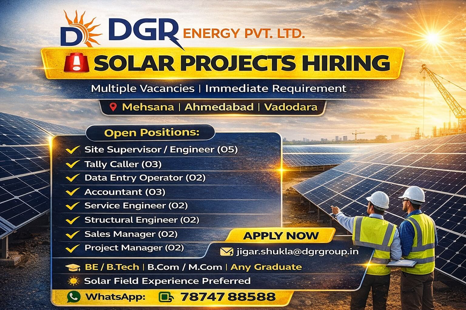 DGR Energy Pvt. Ltd Recruitment 2026 | for Solar Projects across Mehsana, Ahmedabad & Vadodara locations.