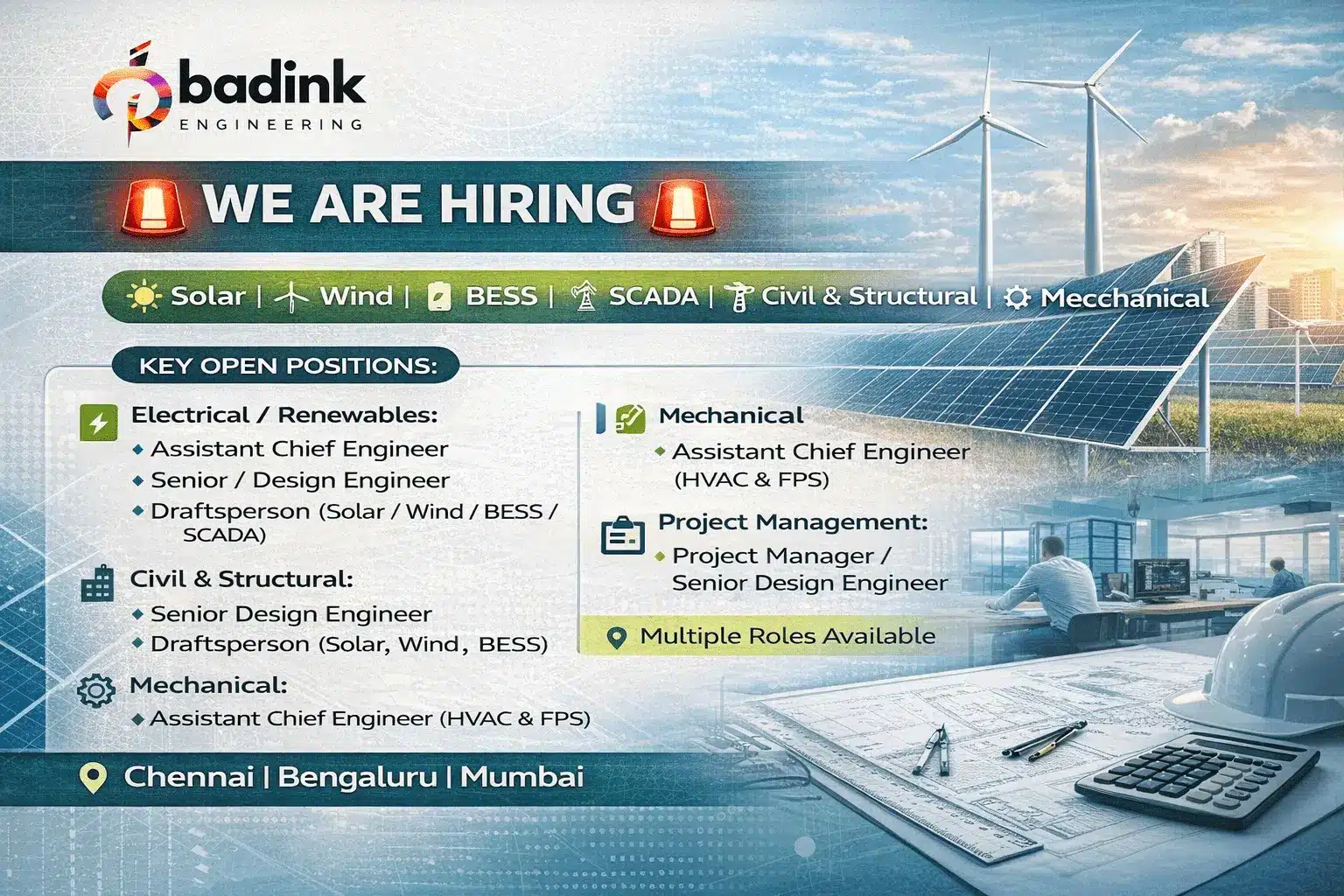 Badink Engineering Hiring 2026 | For Solar, Wind, BESS, SCADA, Renewables, Civil & Structural, Mechanical, and Infrastructure projects