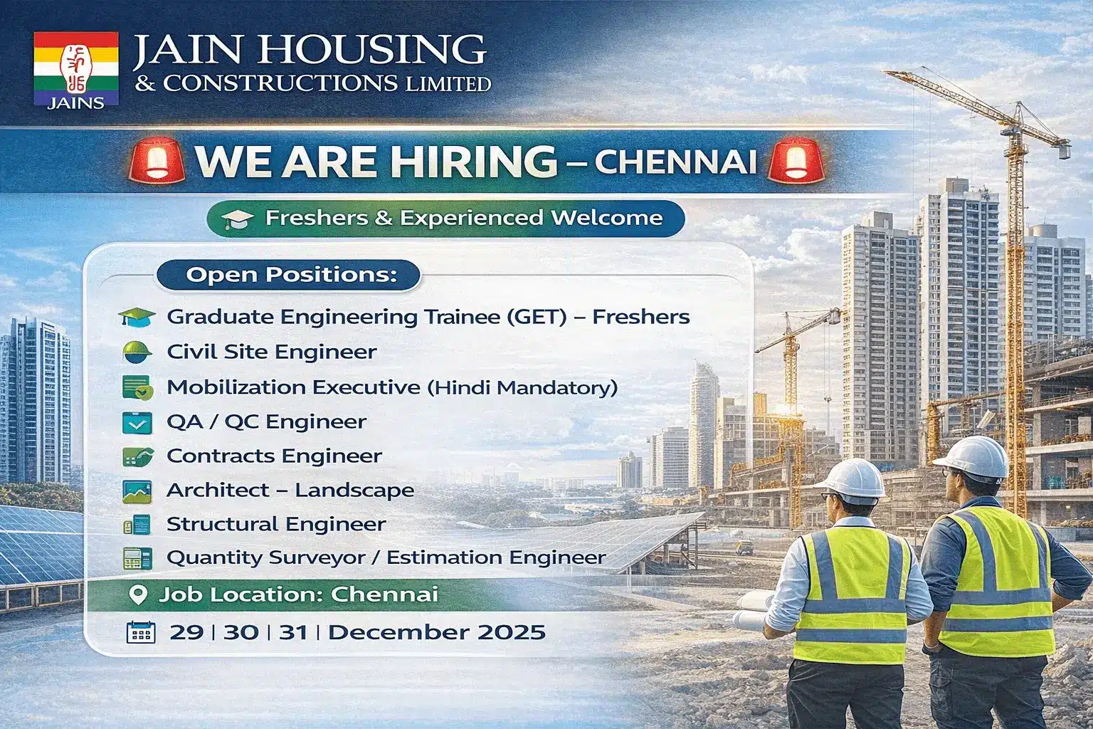 Jain Housing & Constructions Limited Walk-In Interview | Dates: 29th, 30th & 31st December 2025