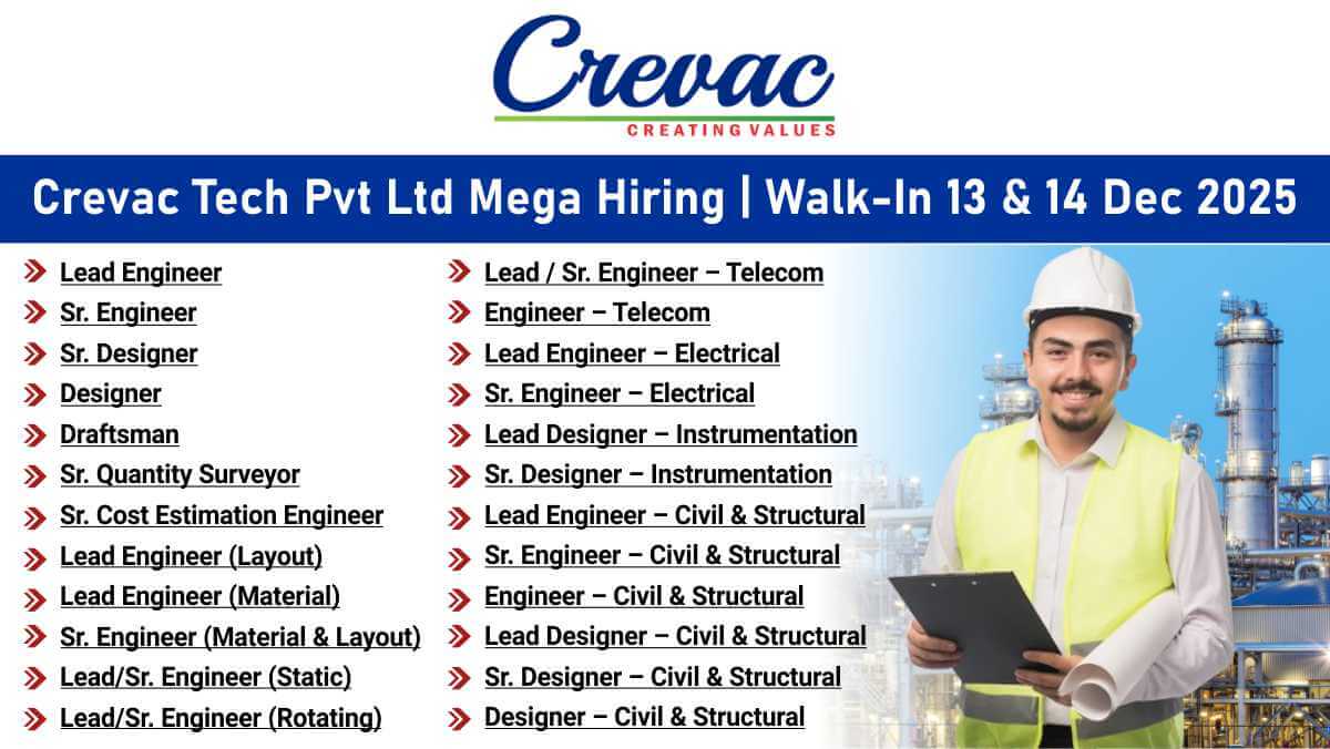Crevac Tech Private Limited Mega Hiring | Oil & Gas Industry | Walk-In 13 & 14 December 2025 | Lead, Sr. Engineer, Designer & Draftsman | Chennai 1 w 2025 12 01T071950.985
