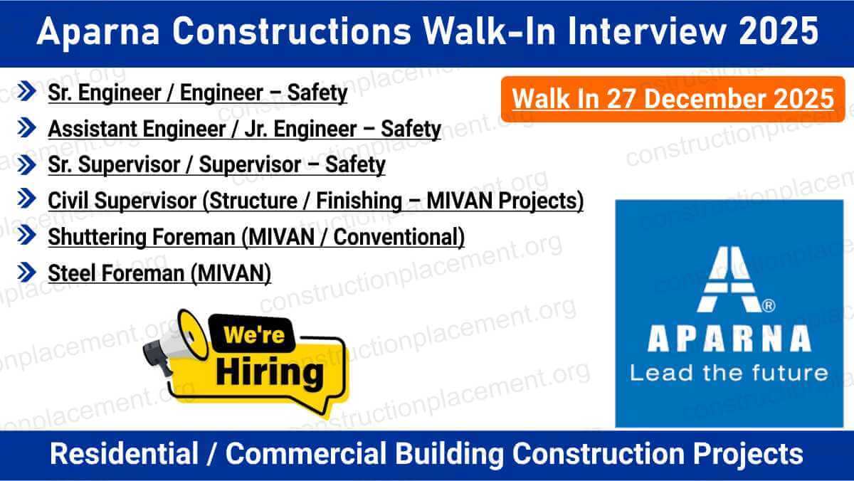 Aparna Constructions Careers | Civil & Safety Professionals Required | MIVAN Project Jobs Hyderabad | Walk-In 27 Dec 2025