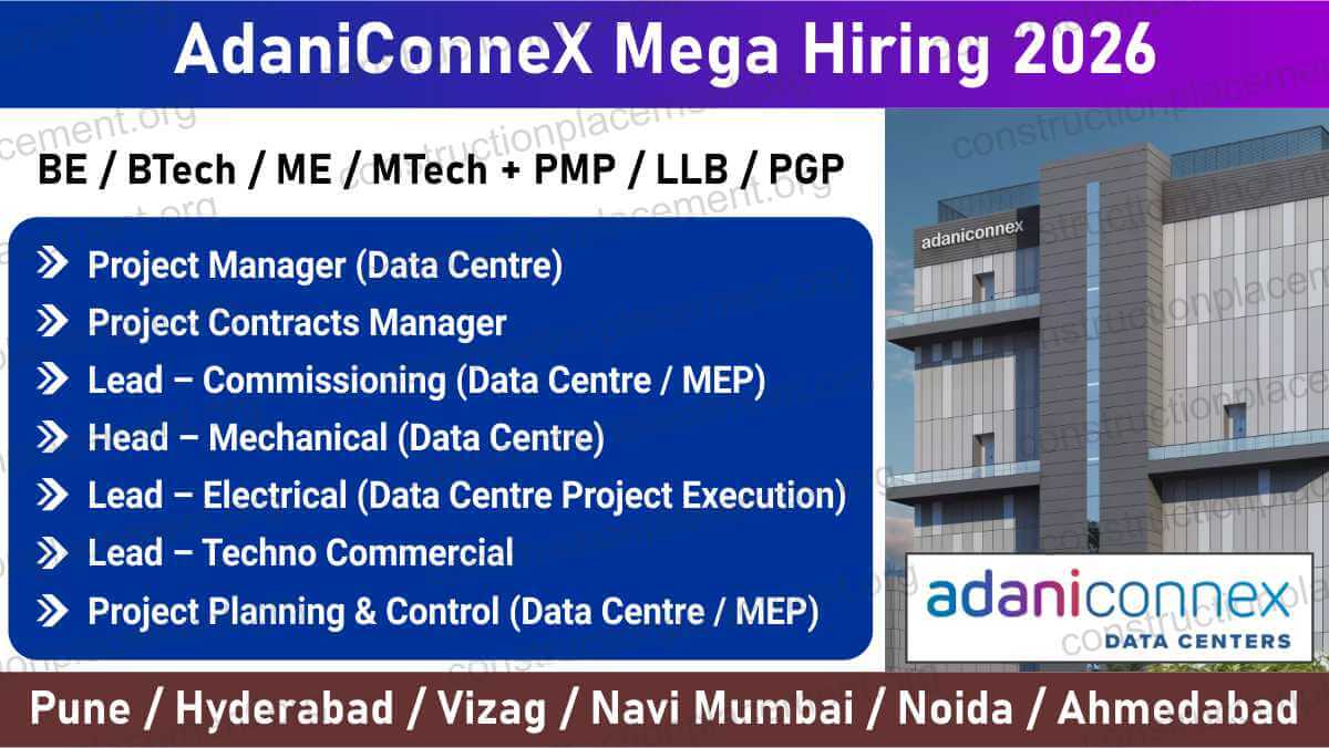 AdaniConneX Mega Hiring 2026 | Data Centre Project Manager & MEP Leadership Jobs | BE, BTech, ME, MTech, PMP, LLB, PGP