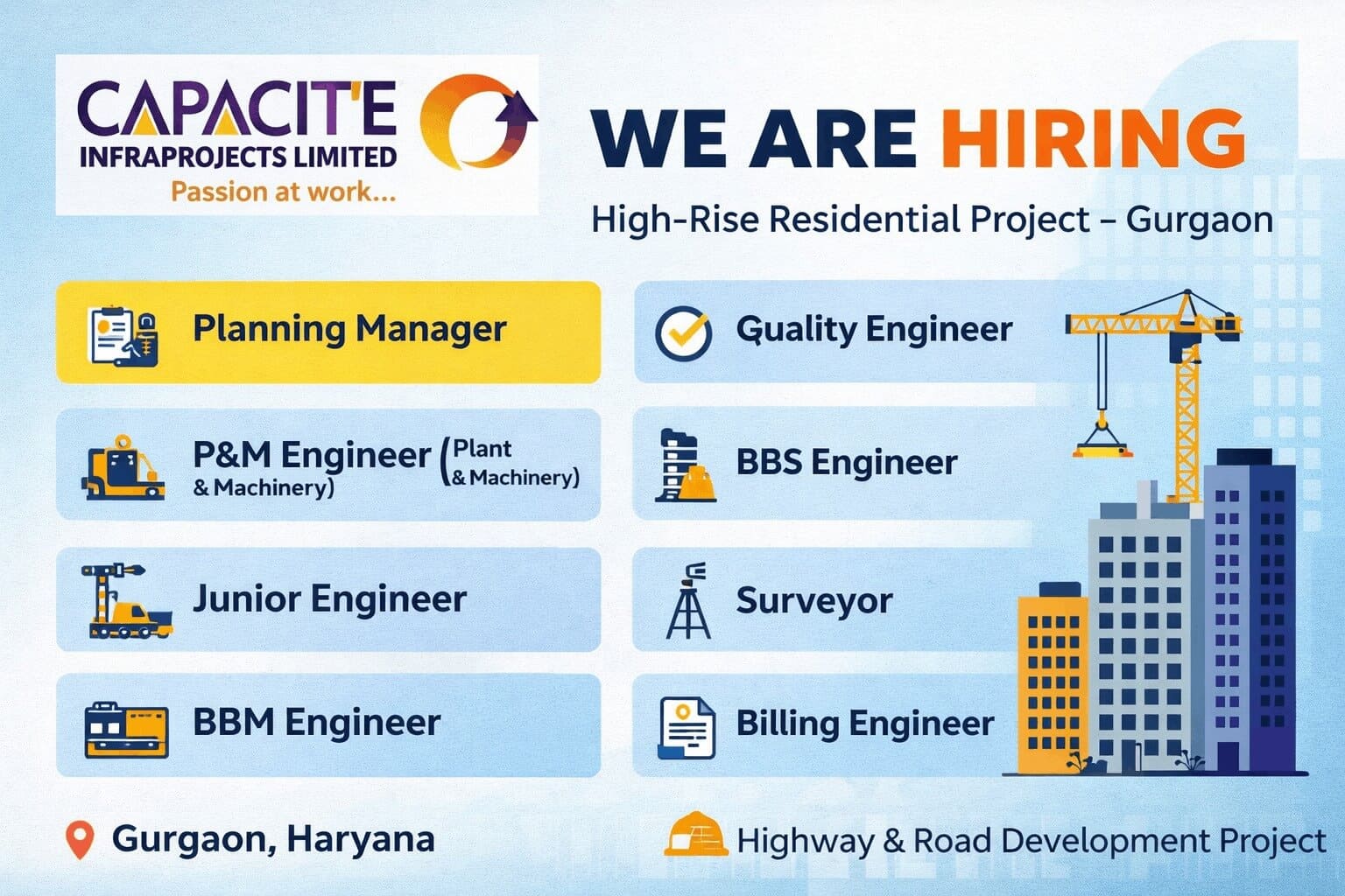 Capacite Infra Projects Ltd Hiring 2026 | Construction Jobs In Gurgaon | Construction Placement