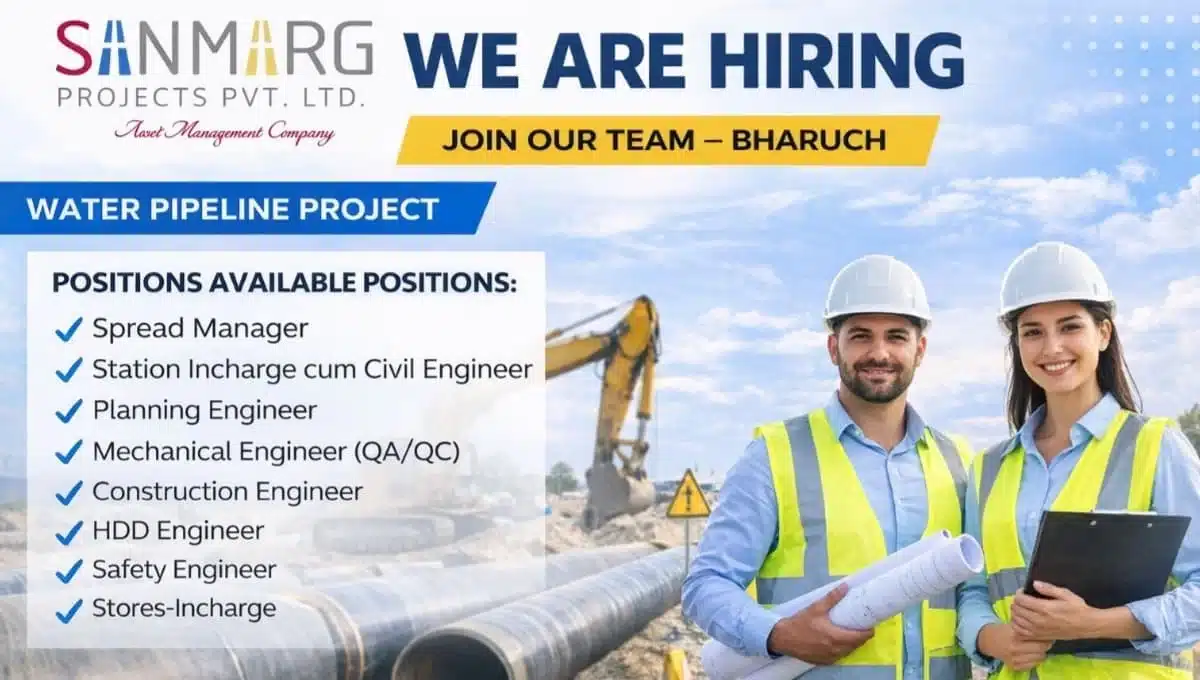 Sanmarg Projects Pvt Ltd Vacancy 2026 | For Water Pipeline Project | Bharuch, Gujarat