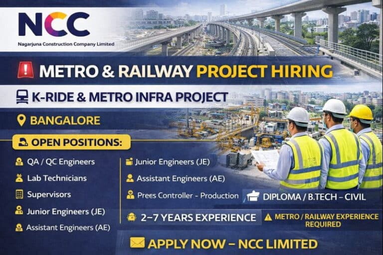 NCC Limited Recruitment 2026 | For K-Ride & Metro infrastructure projects in Bangalore | Construction Placement