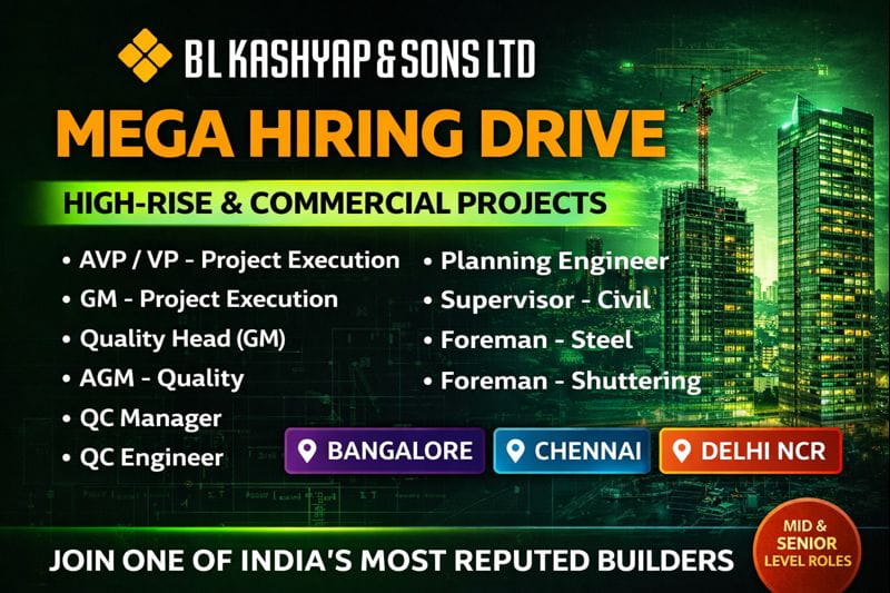 BL Kashyap & Sons Ltd Recruitment 2026 | Location: Bangalore, Chennai, and Delhi NCR | Construction Placement