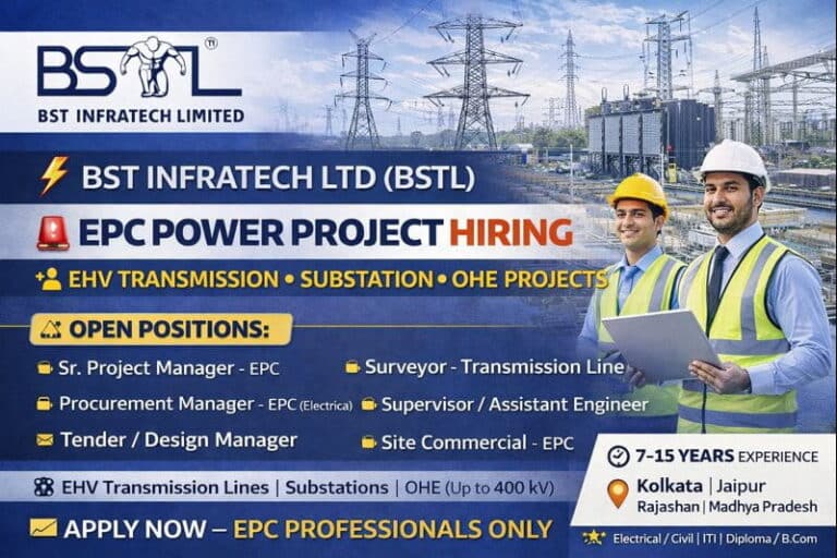 BST Infratech Ltd (BSTL) Recruitment 2026 | EHV Transmission Lines, Substations & OHE projects up to 400 kV | Construction Placement