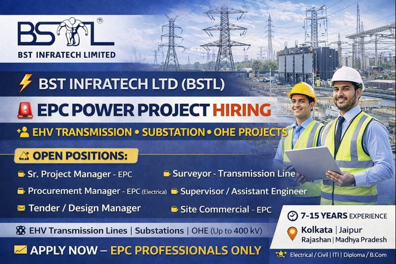 BST Infratech Ltd (BSTL) Recruitment 2026 | EHV Transmission Lines, Substations & OHE projects up to 400 kV | Construction Placement