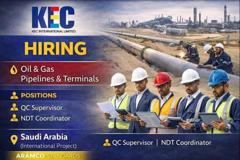 KEC International Ltd Hiring 2026 | For QC Supervisor & NDT Coordinator | Job location: Saudi Arabia