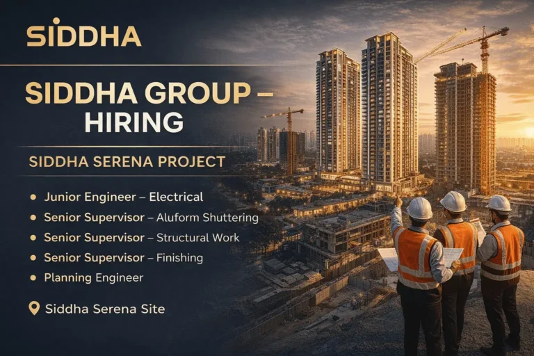 📢📢 *Siddha Group Latest Vacancy 2026 | Project Location: Siddha Serena Site* *Apply Link* 👇👇 https://constructionplacement.org/siddha-group-latest-vacancy-2026-project/