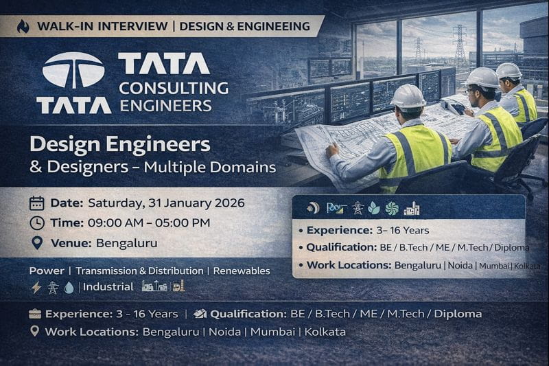 Tata Consulting Engineers (TCE) Walk-In Drive 2026 | Date: Saturday, 31st January 2026 | Construction Placement