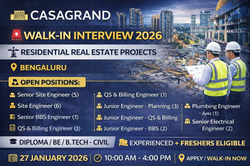 Casa Grande Private Limited Walk-In Interview 2026 | experienced professionals and Civil Engineering freshers are eligible