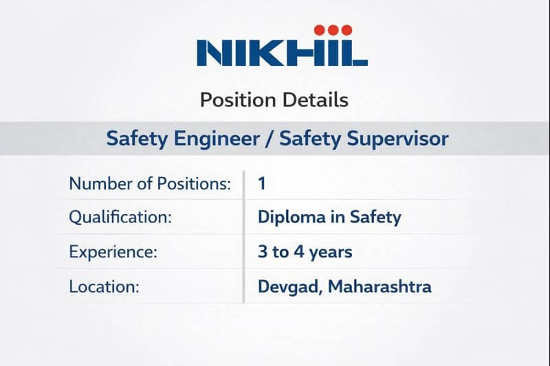 Nikhil Group Latest Hiring 2026 |  For Safety Engineer / Safety Supervisor In  Diploma in Safety