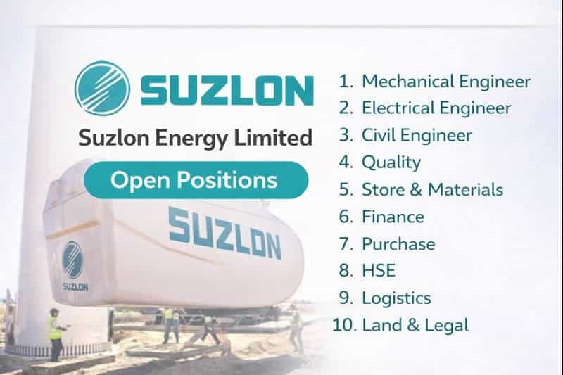 Suzlon Energy Limited Hiring 2026 | For Civil, Mechanical, Electrical And Store Department
