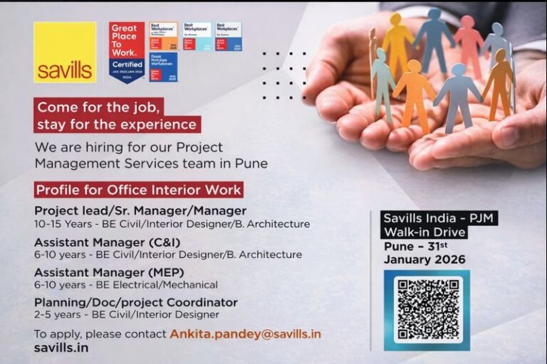 Savills India Walk-In Interview 2026 | For Project Management Services (PMS) team for Office Interior Projects