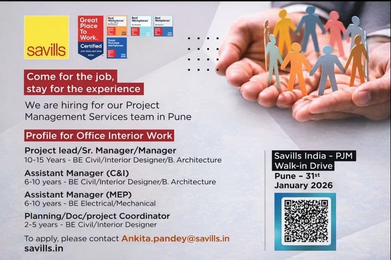 Savills India Walk-In Interview 2026 | For Project Management Services (PMS) team for Office Interior Projects