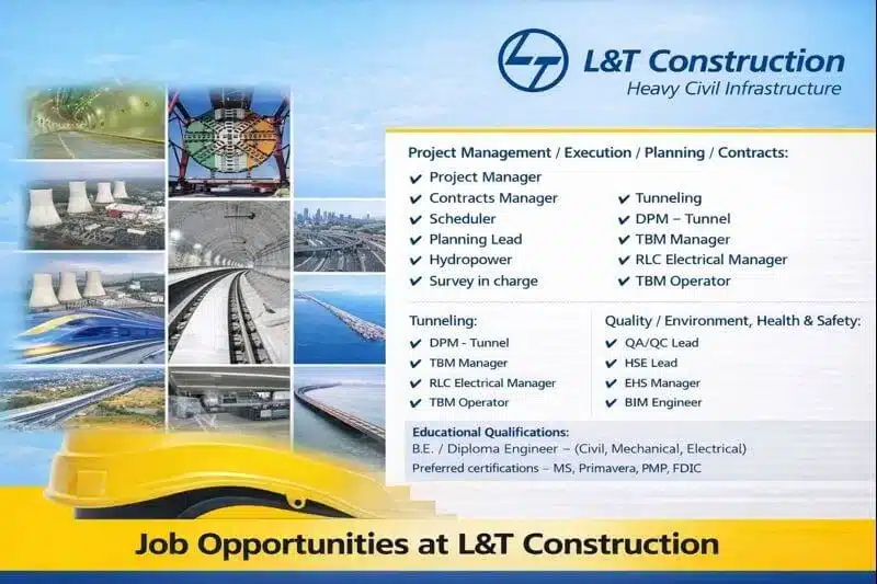 L&T Construction Heavy Civil Infrastructure Vacancy 2026 | For Metro Rail systems, High-Speed Rail, Hydroelectric projects,