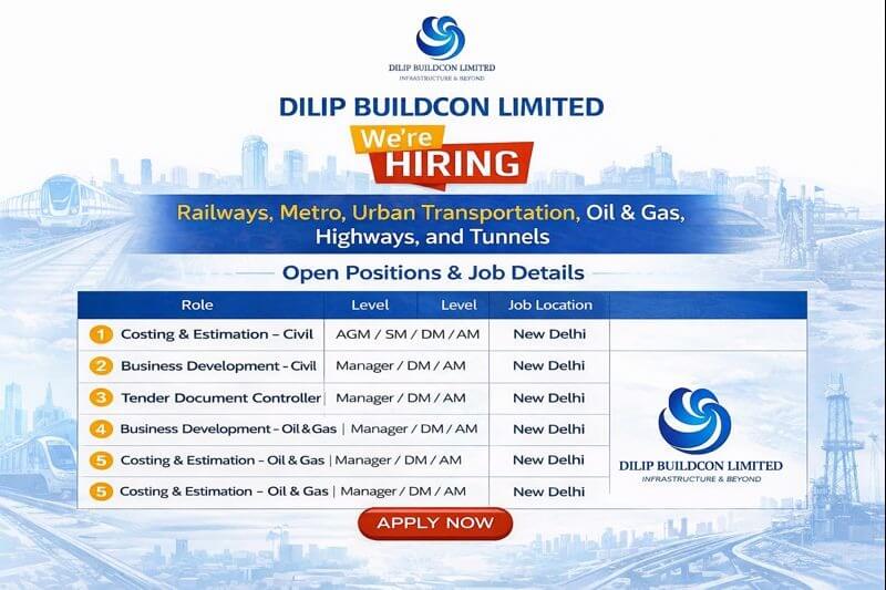 Dilip Buildcon Limited Vacancy 2026 | For Railways, Metro, Urban Transportation, Oil & Gas, Highways, and Tunnels Projects