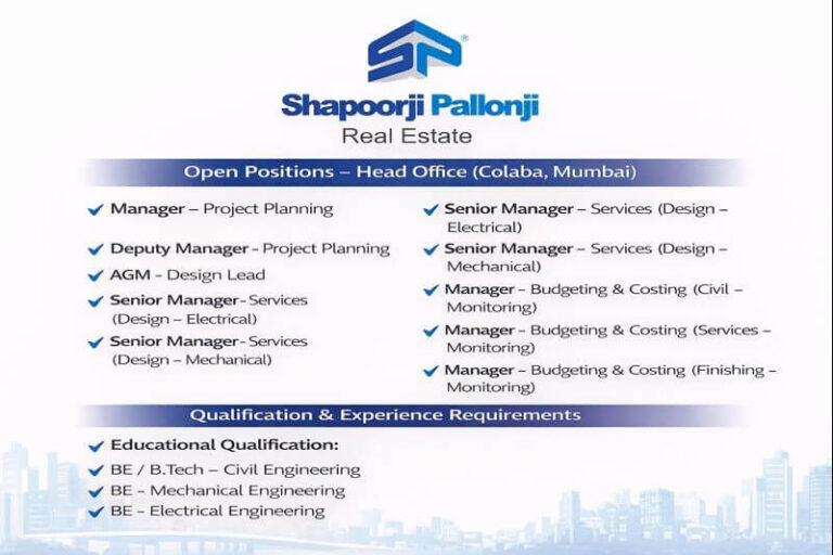Shapoorji Pallonji Real Estate Vacancy January 2026 | For Real Estate and Construction Sector