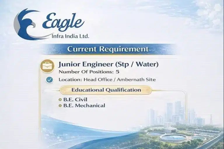 Eagle Infra India Ltd Vacancy 2026 | For Water Supply, STP, Drainage, And Large-Scale Infrastructure Projects | Construction Placement