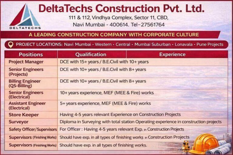 Deltatechs Construction Pvt Ltd Hiring 2026 | Projects Across Western, Central, Mumbai Suburban, Lonavala, And Pune Regions