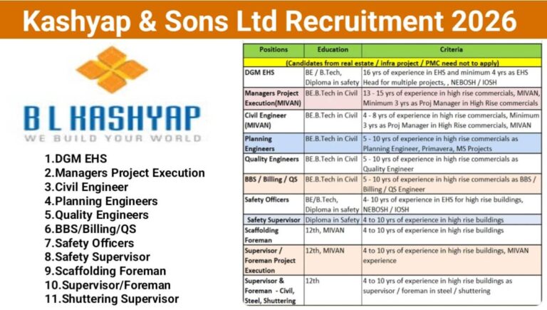 BL Kashyap & Sons Ltd Hiring January 2026 | for a High-Rise Commercial Building Project in Chennai.