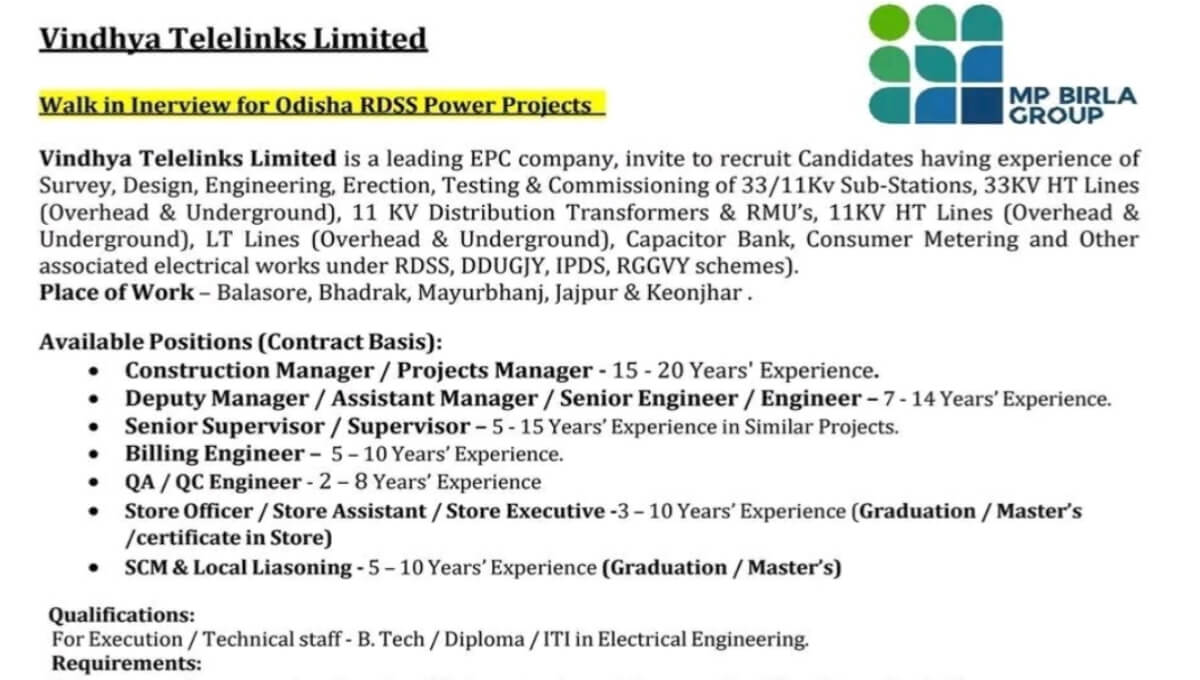 Vindhya Telelinks Limited Hiring 2026 | Walk-in Interview for Odisha RDSS Power Projects 1 Vindhya Telelinks Limited Hiring 2026 | Walk-in Interview for Odisha RDSS Power Projects