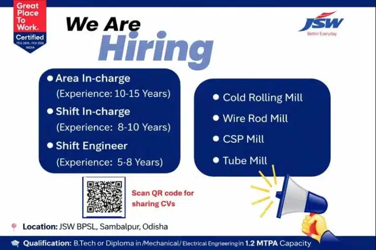 JSW Group Recruitment January 2026 | For JSW BPSL Plant at Sambalpur, Odisha