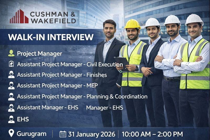 Cushman & Wakefield – Walk-In Drive 2026 | Walk-In Interview in Gurugram for multiple roles across Project Management, Civil, MEP, Planning, and EHS.