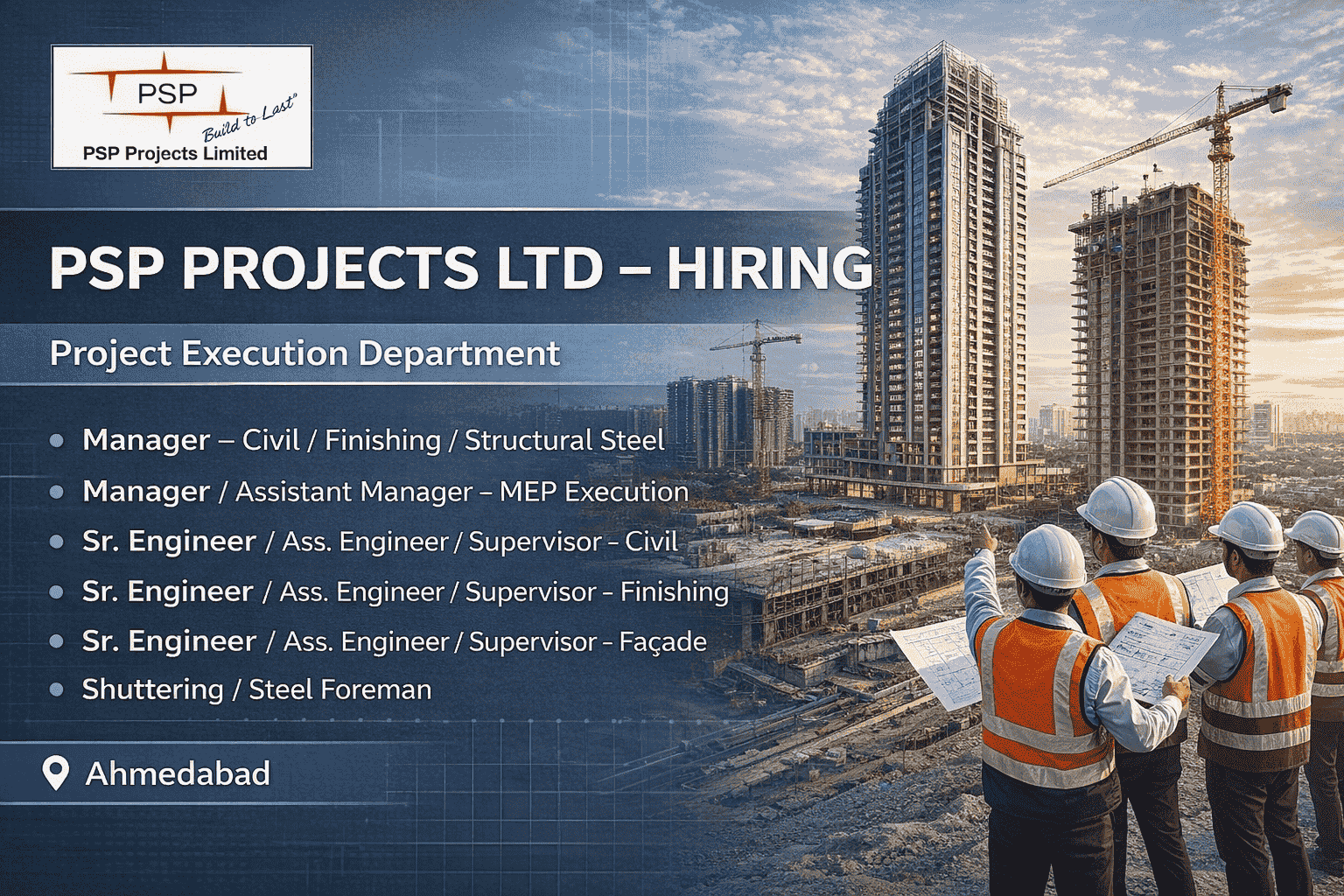 PSP Projects Limited Recruitment January 2026 | For High-rise Building Projects Ahmedabad