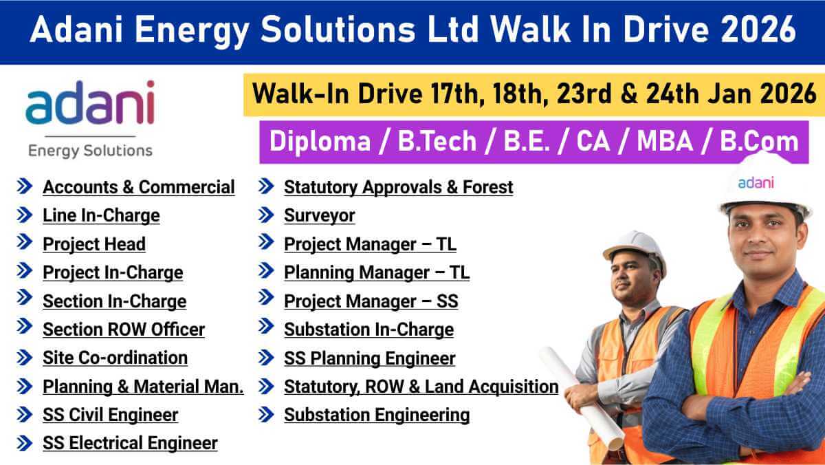 Adani Energy Solutions Ltd Walk In Drive 2026 | Transmission, Substation & Electrical Jobs in Lucknow & Gurugram