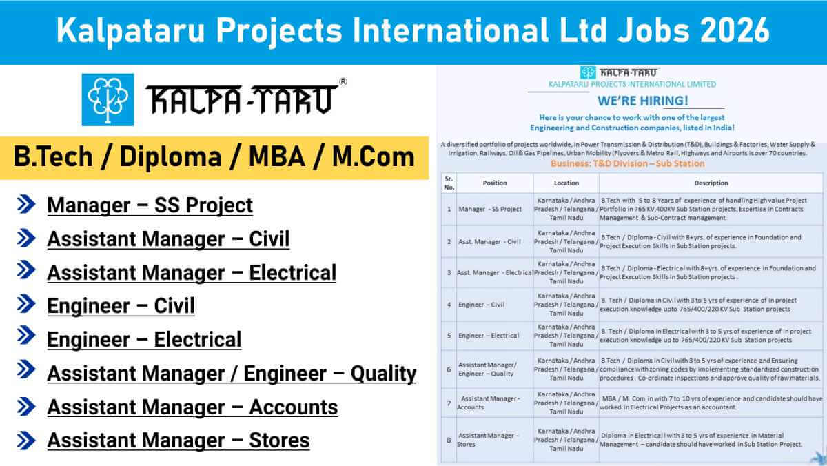 Kalpataru Projects International Ltd Jobs 2026 | Substation Jobs for Civil, Electrical & Managers Across South India