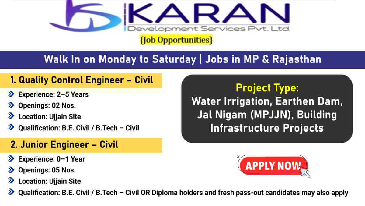 KARAN Development Services Walk In 2026 | Civil Quality Control & Junior Engineer Jobs in MP & Rajasthan | Walk In on Monday to Saturday