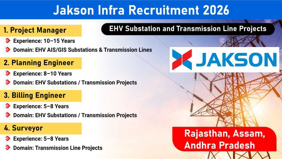 Jakson Infra Recruitment 2026 | Project Manager, Planning & Billing Engineer Vacancies | Jobs in Rajasthan, Assam, Andhra Pradesh