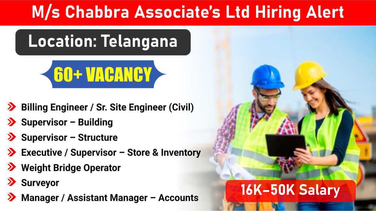 M/s Chabbra Associate’s Ltd Hiring Alert | 60+ High-Paying Construction Jobs in Telangana | 16K–50K Salary