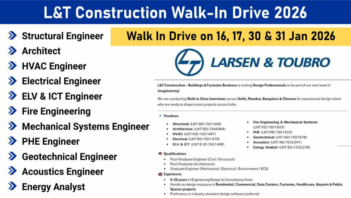 L&T Construction Walk-In Drive 2026 | Hiring Structural, Architecture, HVAC & Electrical Engineers Across India | 16, 17, 30 & 31 Jan 2026