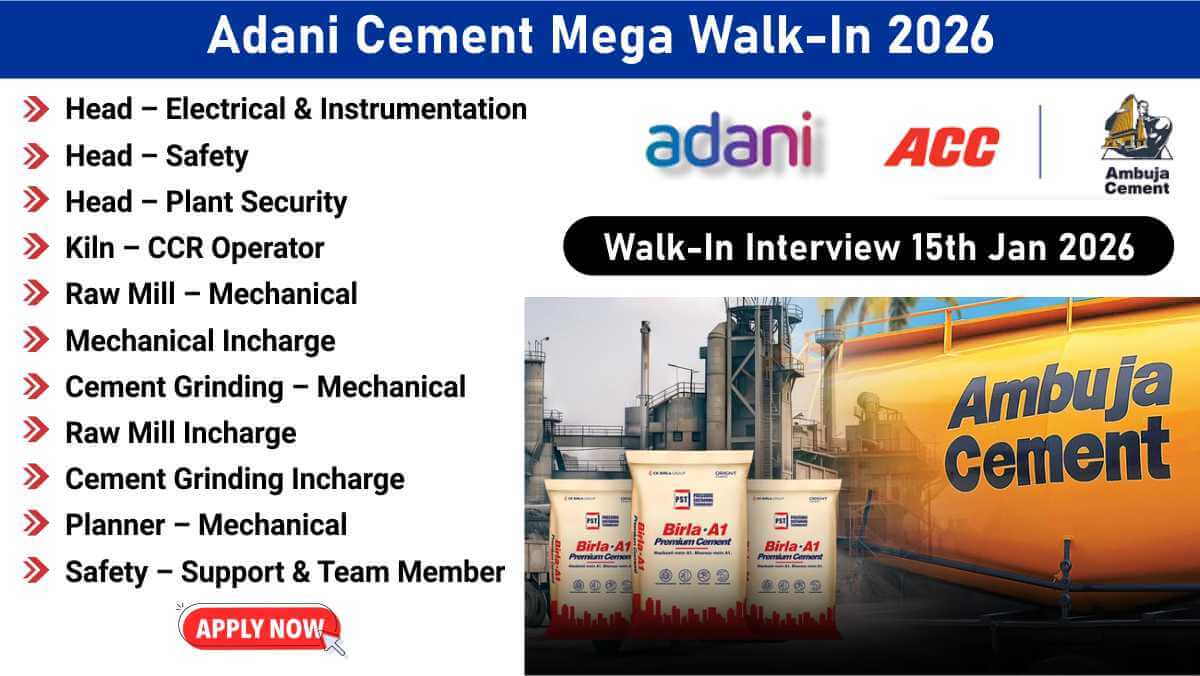 Adani Cement Mega Walk-In 2026 | Mechanical, Electrical, Safety Jobs | Chandigarh | Walk-In Interview on 15 Jan 2026